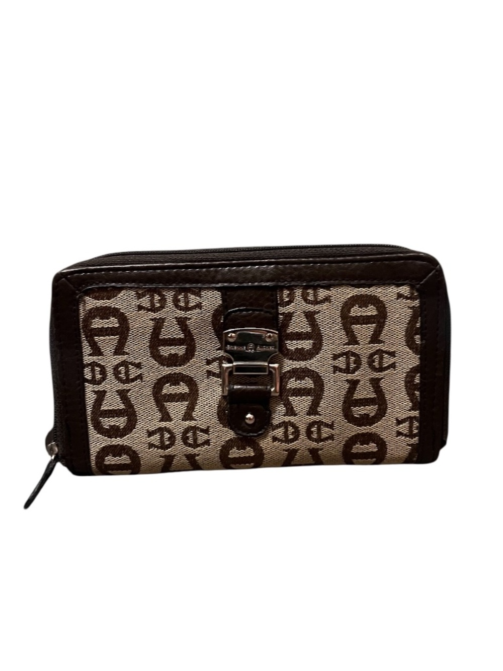 Etienne Aigner signature logo dark brown faux leather trim. Women's wallet.